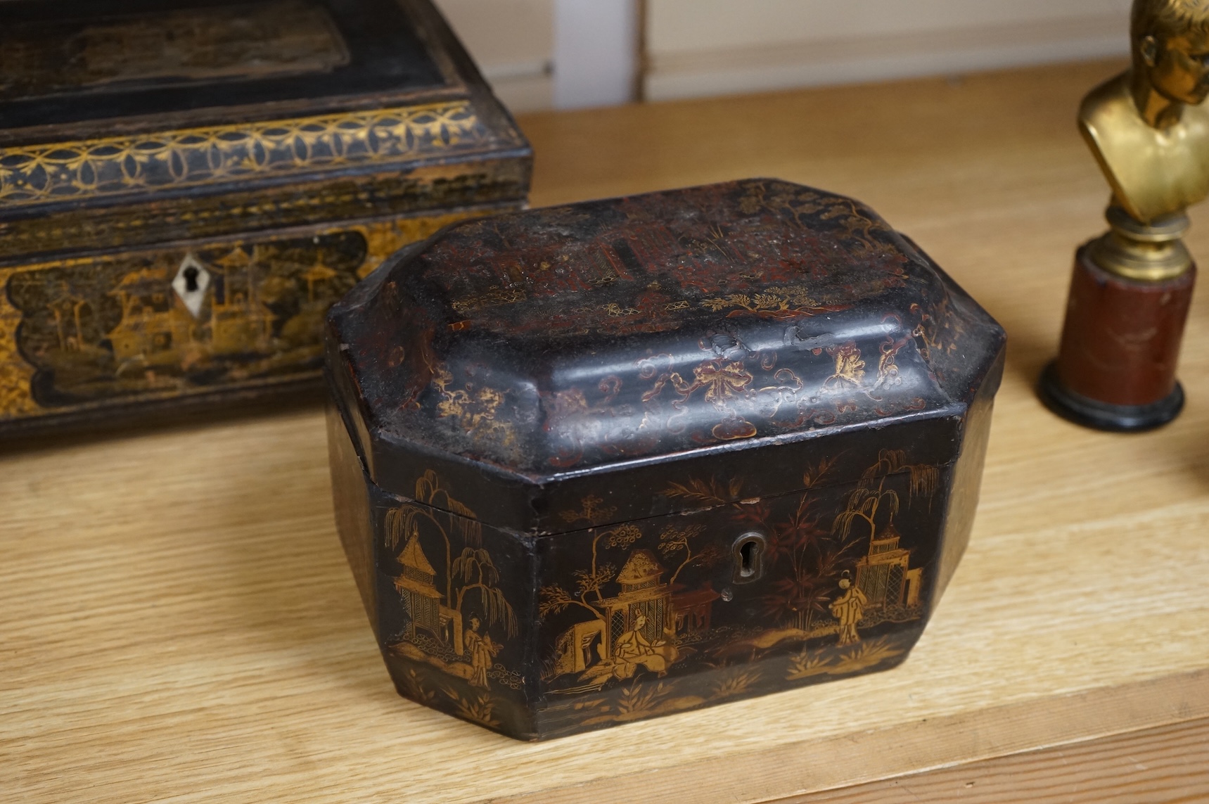 A Chinese lacquer tea caddy and a japanned sewing box (2)